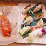 鈴木水産 - えびチリ棒(590円)季節の寿司盛り合わせ(1,680円)