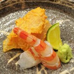 草庵 鍋島 - 夕食（草庵 鍋島）：お造り（長崎産くえのあん肝あえ 天草産車えび）