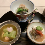 ふなや - 先付(竹乃子と平貝の木の芽和え、菜の花浸し、小烏賊酒蒸し)