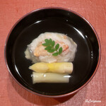 御料理 寺沢 - 毛蟹真薯とﾎﾜｲﾄｱｽﾊﾟﾗの椀物