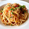 イルチエロ - 料理写真:シチリア風 海老とトマトのスパゲティ。
からすみと煎りパン粉がふりかかり、アーモンドが良い食感です♫