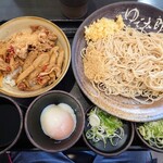 Yudetarou - ミニ肉ごぼう丼セット　冷たいそば　クーポン温泉卵　ネギ追加