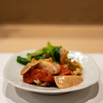 うを徳 - 2022.3 海のレバ刺し（野付帆立貝のヒモ、精巣、卵巣）京都畑菜と油揚げのお浸し