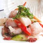 Stir-fried scallops and spring vegetables with plum sauce