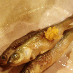 徳山鮓 - モロコとウニ味噌のせ。甘煮のモロコとほんのりと苦いうにが絶妙なバランスです