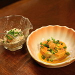 浅草辻むら - 2012.12 先付の白子ぽん酢、あん肝ぽん酢