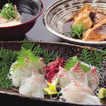 日本橋亭 - 一匹販売＜調理例＞鯛<半身刺身、半身煮物、半身焼物、うしお椀