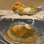 銀座 大石 - 雲丹、ぼたん海老だっけ？カリフラワーのムース、ジュレ、もう本当好き！大好き！