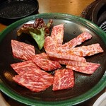 炭火焼肉 神戸亭 - セットの肉(和牛ロース、和牛カルビ)のアップ