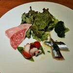Osteria Cino - 洗練されたビジュアルの前菜盛り合わせ、ハムやサラダに魚介まで豪華〜