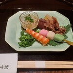 割烹 渡邊 - 前菜 右からホタルイカ、タコ、生麩、車海老、菜の花、穴子の稚魚（ノレソレ）