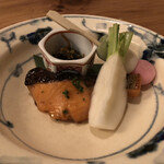 Chisou Inaseya - （焼物）桜鱒の木の芽焼、蕪、三色団子、雑魚