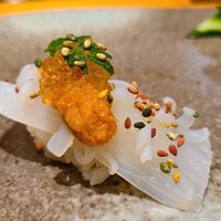 天寿し 京町店 - ③アカイカ(正式名:槍烏賊)、カボス果汁掛け、雲丹&ジュレ載せ、錦胡麻
                    産卵期は初春～夏、旬は秋～冬、寿命1年
                    張りと粘り、旨みのバランスが際立っており、こんな味だっけ？と悩むほど美味しい