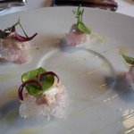 ウマヅラハギとなしのカルパッチョ、肝添え