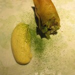 yokoyama - 減圧調理した太刀魚と牡蠣の春巻き 蕗の薹 蘭菜 ブロッコリー カリフラワーのマヨネーズ