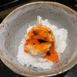 ぬま田 - 卵かけご飯3段階、トロトロの黄身の天ぷら。