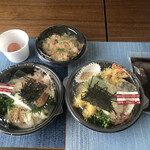 うどん 有田 - 右:天ぷらぶっかけうどん　中:たまごかけご飯　左:梅おろしぶっかけうどん