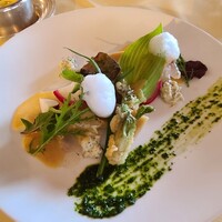 メインダイニングルーム - 香草でマリネした「真鯛」のカルパッチョと春野菜　「いぶりがっこ」風味のレムラードソースで