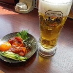 竜泉寺の湯 - ビールセット【マグロとサーモンユッケ】1050円