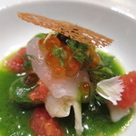 エクアトゥール - マテ貝・サーモン・真鯛の菜の花ソース