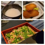 日本料理 TOBIUME - ⑨土鍋炊き赤とんぼ米、寒鰆の腹身(福岡県波津産、7.2kg)漬け載せ
      浅漬けと自家製唐墨も♪
      たっぷり飲酒しても、食いしん坊には寒鰆のハラミご飯の美味しさは分かるんだなぁ