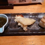 Gifu Hatsu Zushi - もずく酢、かぼちゃと竹輪の天ぷら、穴子の巻寿司