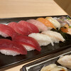Sushi Akademi - 上段左から中トロ3 カンパチ1 サーモン1 ツブ貝1 鯵2下段赤身2 縁側炙1 赤エビ1 いくらサーモン あん肝1