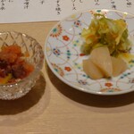 銀座 結絆 - 燻りがっこ入り明太子、香の物