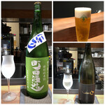 Oryouri Uchiyama - ◆頂いたお酒。「ビール700円×2」、「裏ちえびじん（グラス100ml:800円）、「町田酒造　純米にごり生：グラス750円」など。価格は税込。