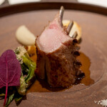 レストラン オオツ - 2022.3 千葉産花悠仔豚骨付きロース 天然タラの芽 葉玉葱 菊芋のピュレ