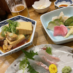 Tori Chuu - 肉豆腐　お新香　ヒラメの刺身