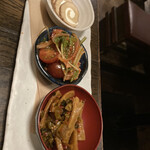 博多串焼・野菜巻き串 三五八 - いぶりがっこ、トマトキムチ、高菜メンマ