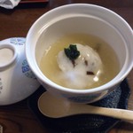 割烹 利助 - 2013年2月、写真6  茶碗蒸し…普通の茶碗蒸しではありません！春をいっぱいつめて、葛餡の中にとじこめてあります