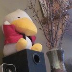 手打そば 菊谷 - 可愛いすがもんと早咲きの「啓翁桜」（？）　その横にチラっと見える袋は、蕎麦殻。