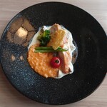 パルミエール - 伊勢赤鶏のフリカッセ春野菜とトマトリゾット添えシュプレームソース