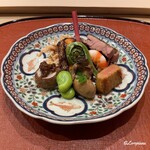 御料理 寺沢 - 石川小芋の蕗の薹味噌､蚕豆､煮牡蠣､屈み､車海老旨煮､ホロホロ鳥炭火焼､フォアグラの味噌漬､白魚 御欠揚げ､薑