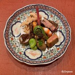 御料理 寺沢 - 石川小芋の蕗の薹味噌､蚕豆､煮牡蠣､屈み､車海老旨煮､ホロホロ鳥炭火焼､フォアグラの味噌漬､白魚 御欠揚げ､薑