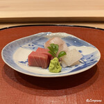 御料理 寺沢 - 天然本鮪 中トロ､星鰈､炙り槍烏賊の造り