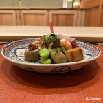 御料理 寺沢 - 石川小芋の蕗の薹味噌､蚕豆､煮牡蠣､屈み､車海老旨煮､ホロホロ鳥炭火焼､フォアグラの味噌漬､白魚 御欠揚げ､薑