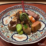 御料理 寺沢 - 石川小芋の蕗の薹味噌､蚕豆､煮牡蠣､屈み､車海老旨煮､ホロホロ鳥炭火焼､フォアグラの味噌漬､白魚 御欠揚げ､薑