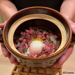 御料理 寺沢 - いわて牛のフィレ肉の炭火焼に温玉のごはん