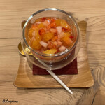 御料理 寺沢 - 八朔と苺のジュレで覆われたマスカルポーネのブラマンジェ