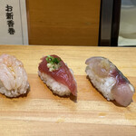 Tsukiji Sushidai - あまえび、かつお、あじ