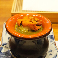 天婦羅 みやしろ - 鮑の肝ソースに揚げたおむすびとバフンウニを入れた、和風リゾット