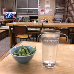 さか本そば店 - お湯割り、付き出しは枝豆（今日のはカサカサ）