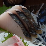 めしや　大磯港 - ”サワラの炙り”、脂が乗っているために身は真っ白です。皮は硬めですので炙りを入れています。