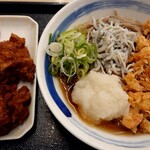 Dondon An - 桜えびとしらすのそば(590円税込)、紅しょうが天串(170円税込)、唐揚げ(130円税込×２個)