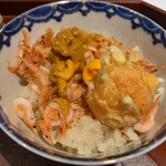 馳走 啐啄一十  - 【写真⑱】桜蝦のかき揚げ&半熟黄身天麩羅、塩水赤雲丹(山口県上関産)の丼