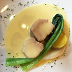 カフェ ミクニズ - メイン：豚フィレ肉の低温調理、サフランソース。ふわっとやわらかく火の通った豚フィレ肉に優雅なサフラン風味のソースを絡めて。北あかりと小松菜が添えられています。