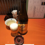 上野藪そば - ヱビスビール(中瓶)、お通しのそば味噌